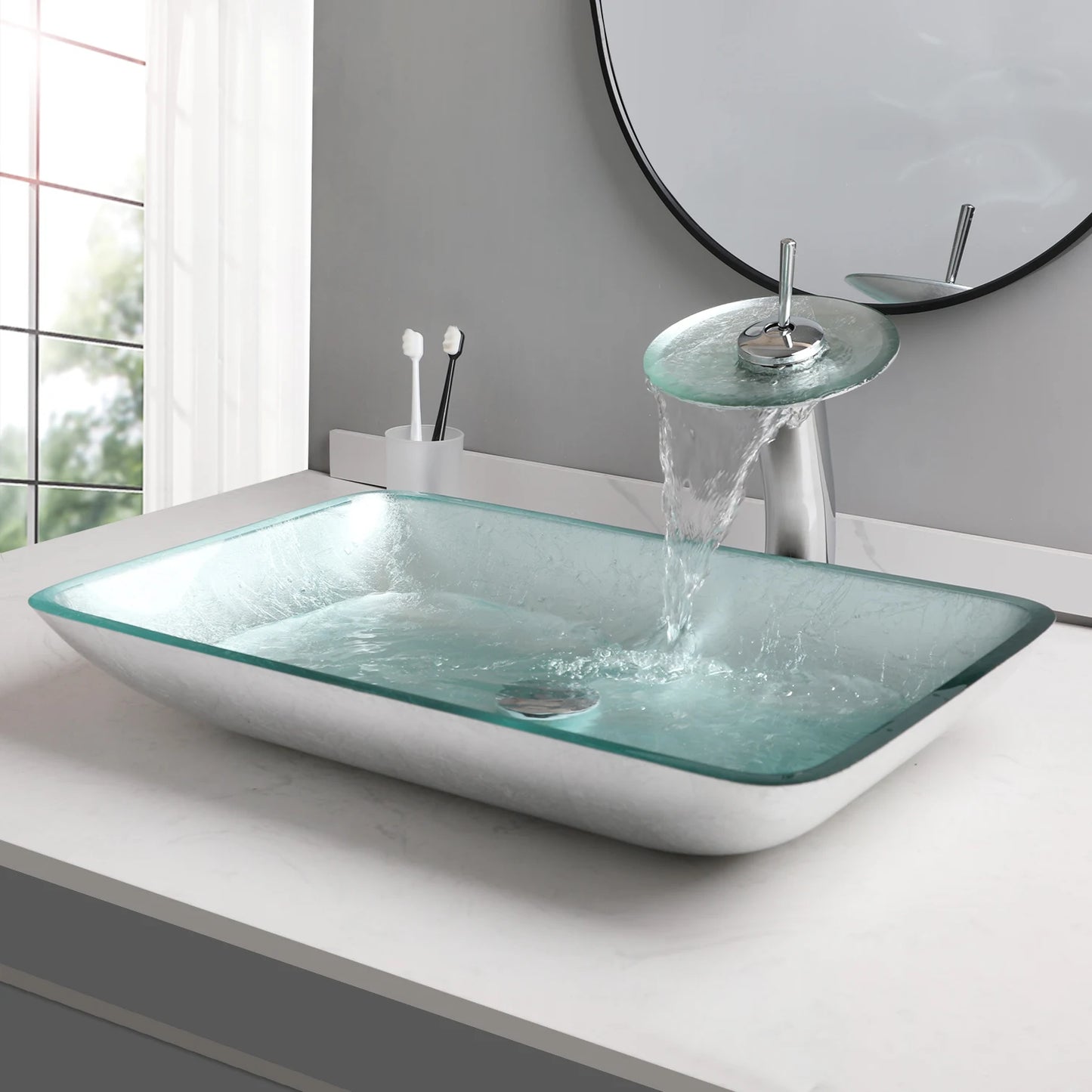 YANKSMART Tempered Glass Bathroom Basin Sink With Faucet Set