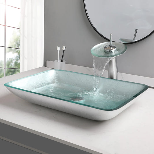 YANKSMART Tempered Glass Bathroom Basin Sink With Faucet Set