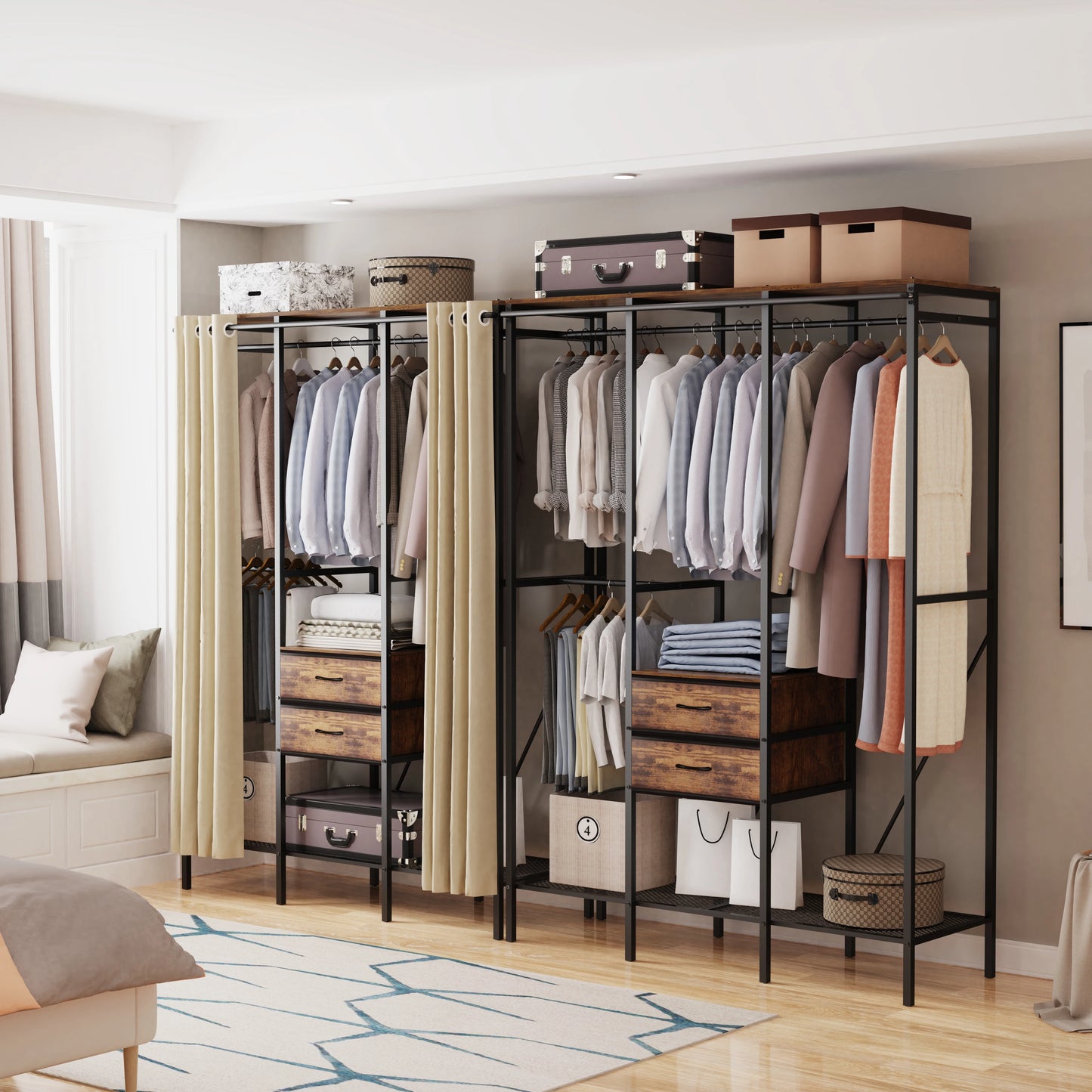 Industrial Coat Rack With Open Wardrobe Two Drawers And Shelves