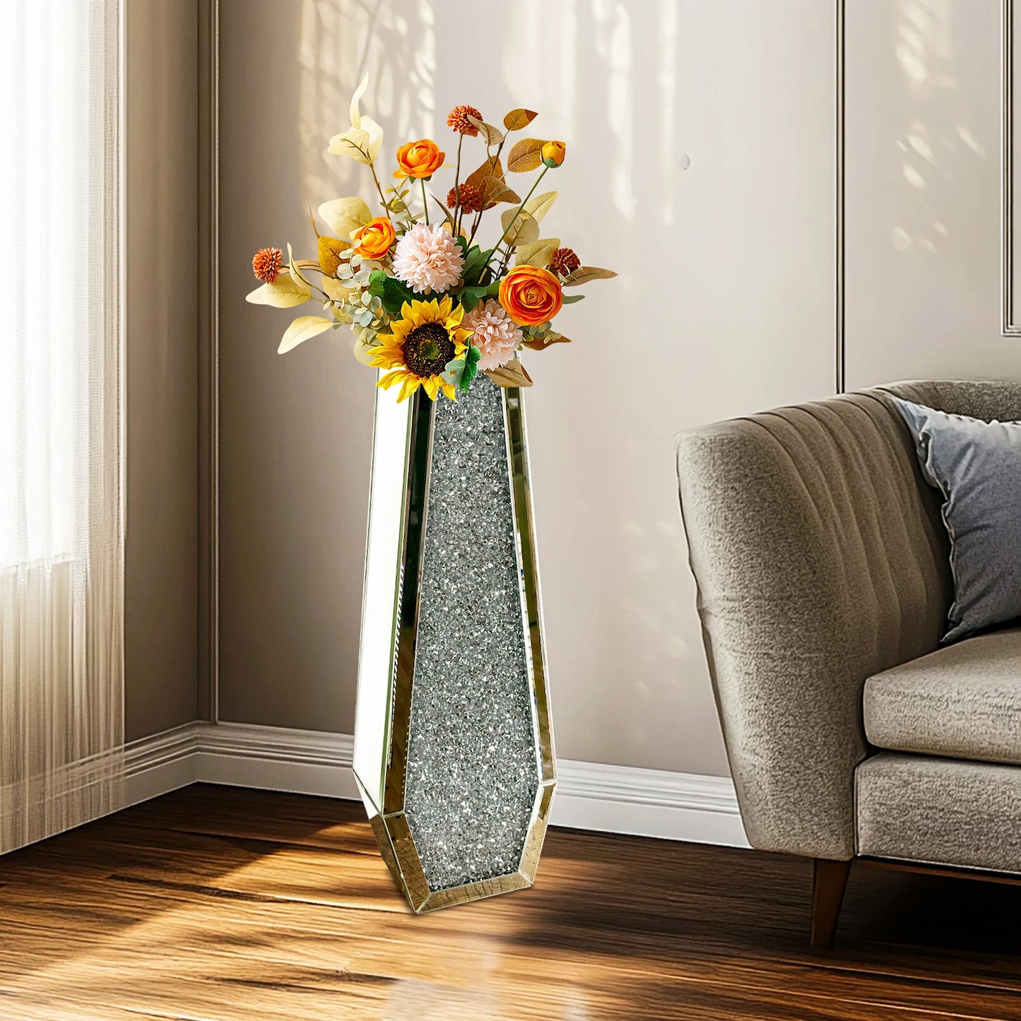 Crystal Crushed Diamond Glass Floor Vase With Inlay