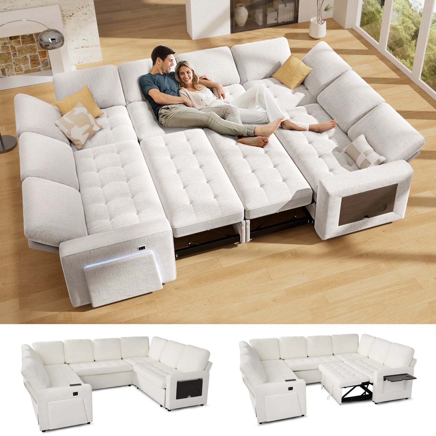 U Shaped Modular Sectional With Pull Out Bed And USB