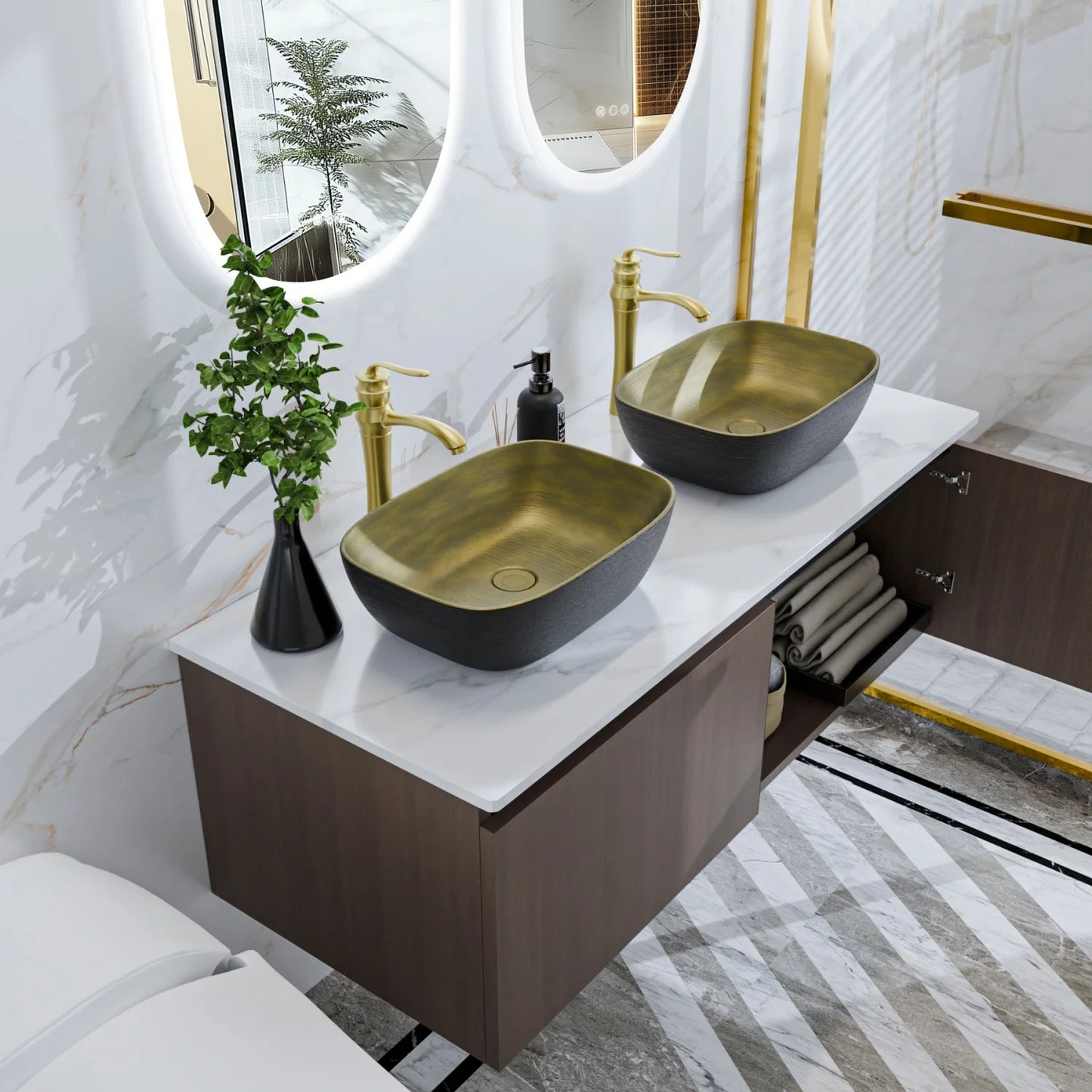Modern Floating Bathroom Vanity Sink Combo Ceramic Basin Stone Top