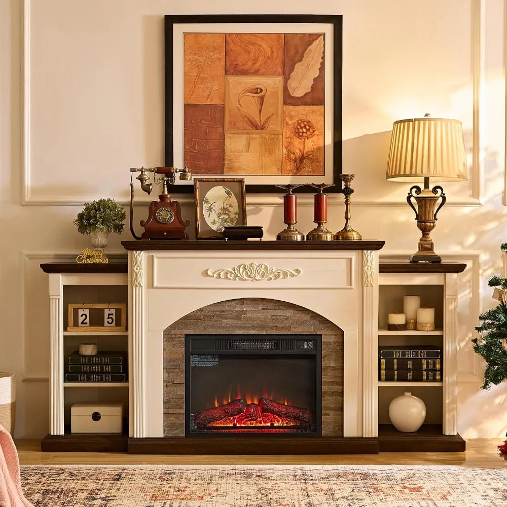 Farmhouse Electric Fireplace Mantel TV Stand With Storage