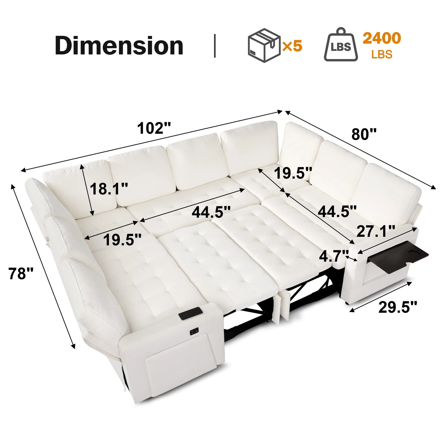 U Shaped Modular Sectional With Pull Out Bed And USB