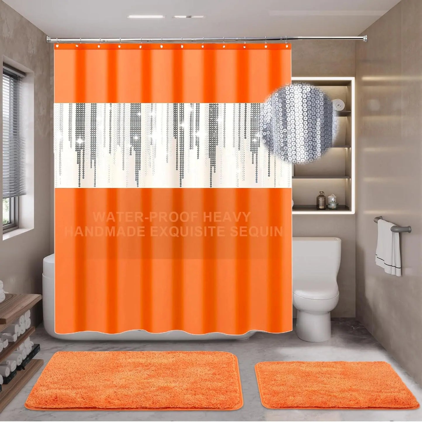 Sparkling Bathroom Decor Kit With Sequin Shower Curtain And Rugs