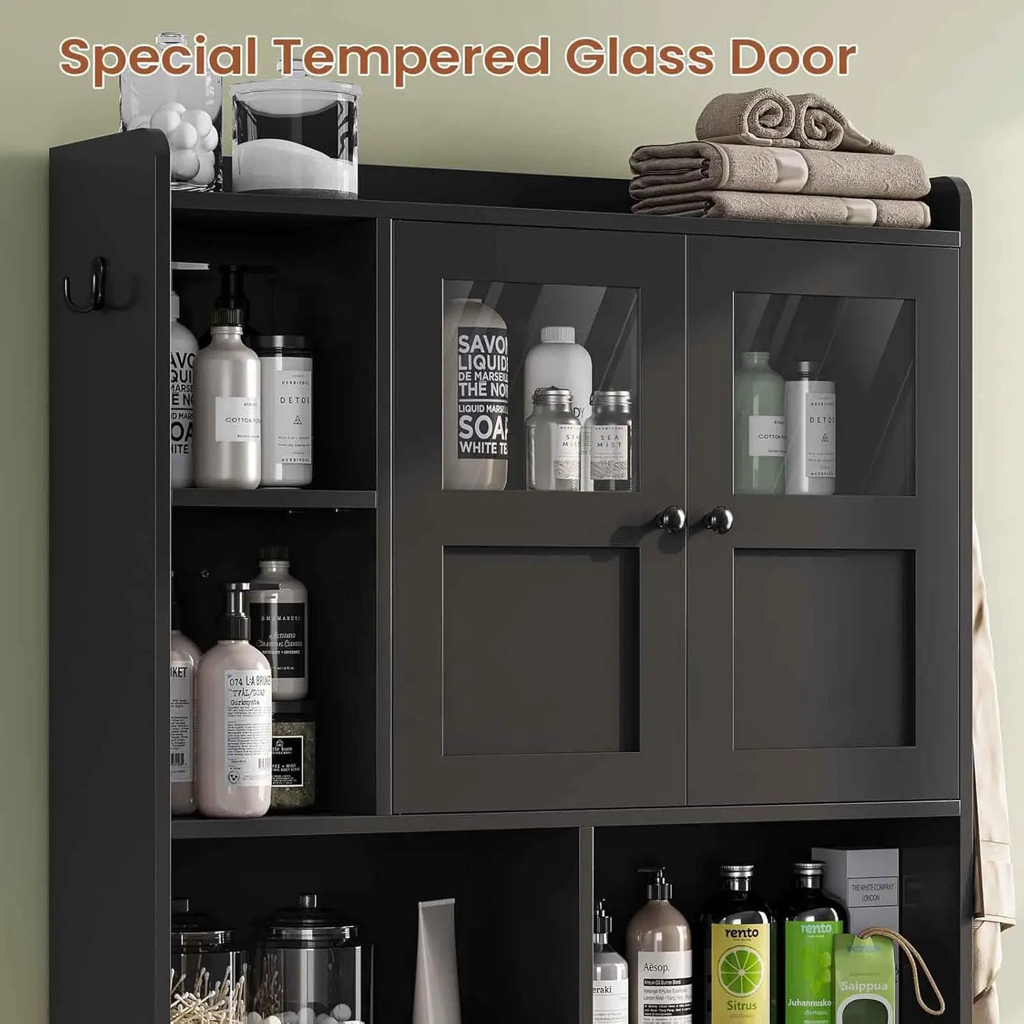 XMSJ Over Toilet Storage Cabinet With Glass Doors And Holder