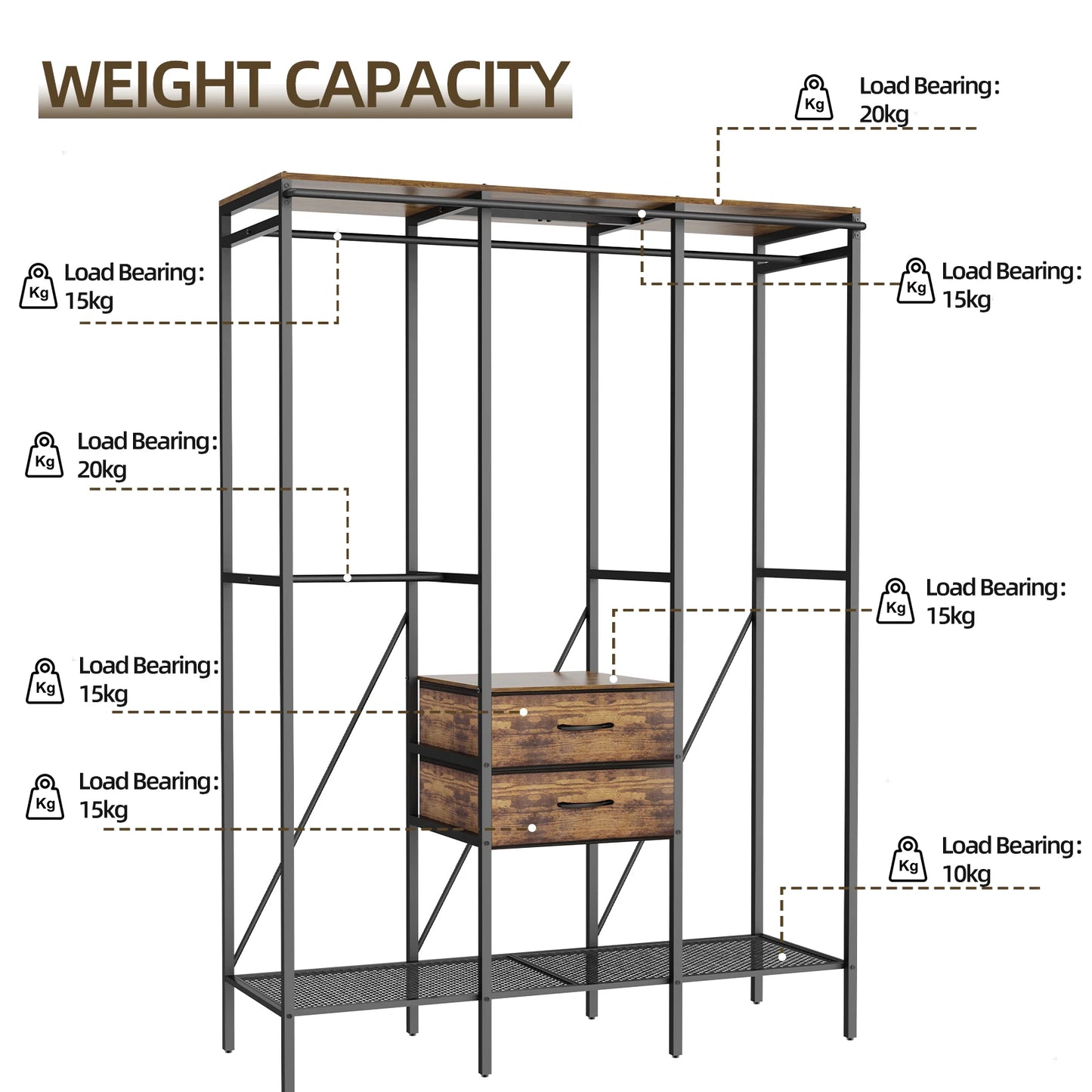 Industrial Coat Rack With Open Wardrobe Two Drawers And Shelves