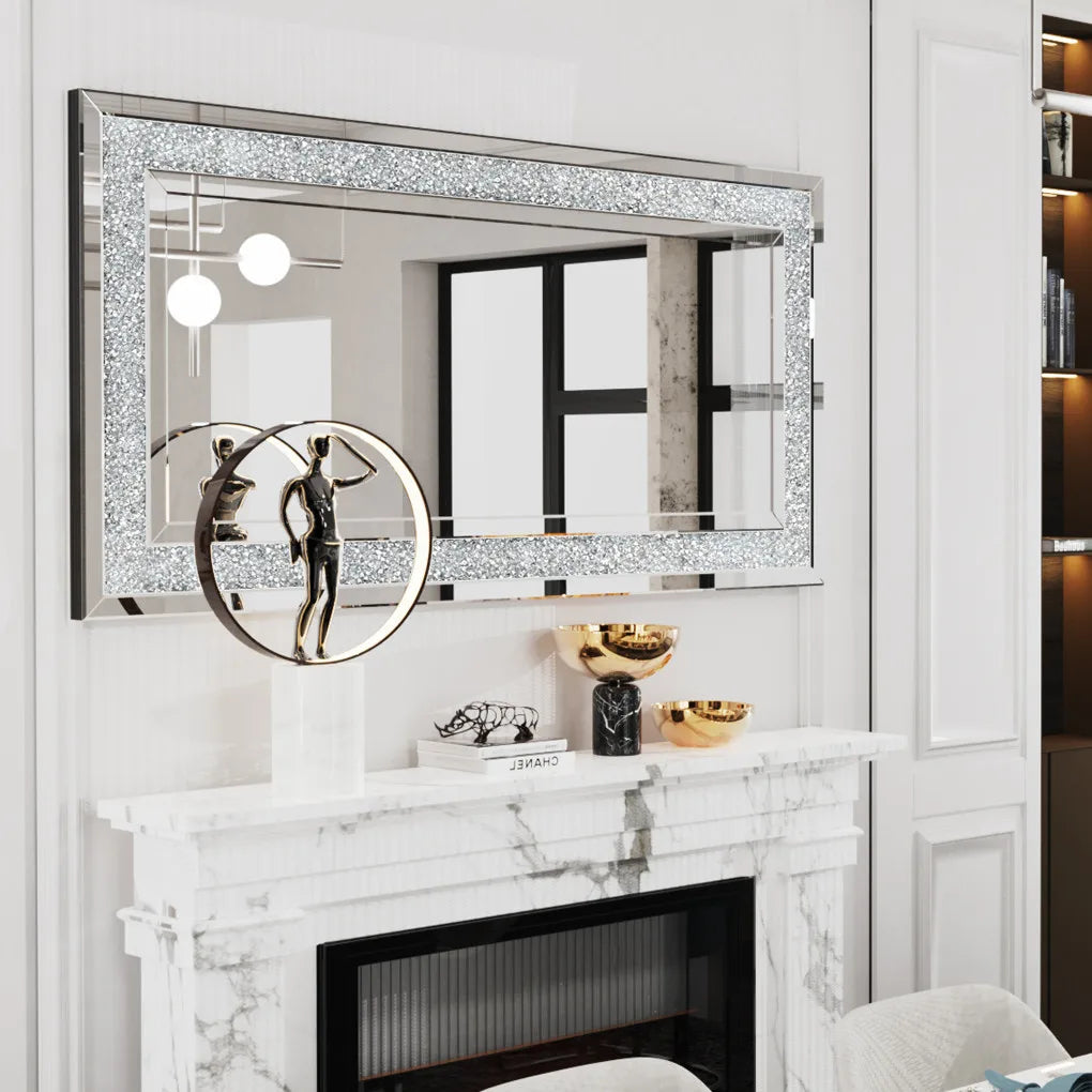 Frameless Diamond Crystal Wall Mirror Modern Rectangle