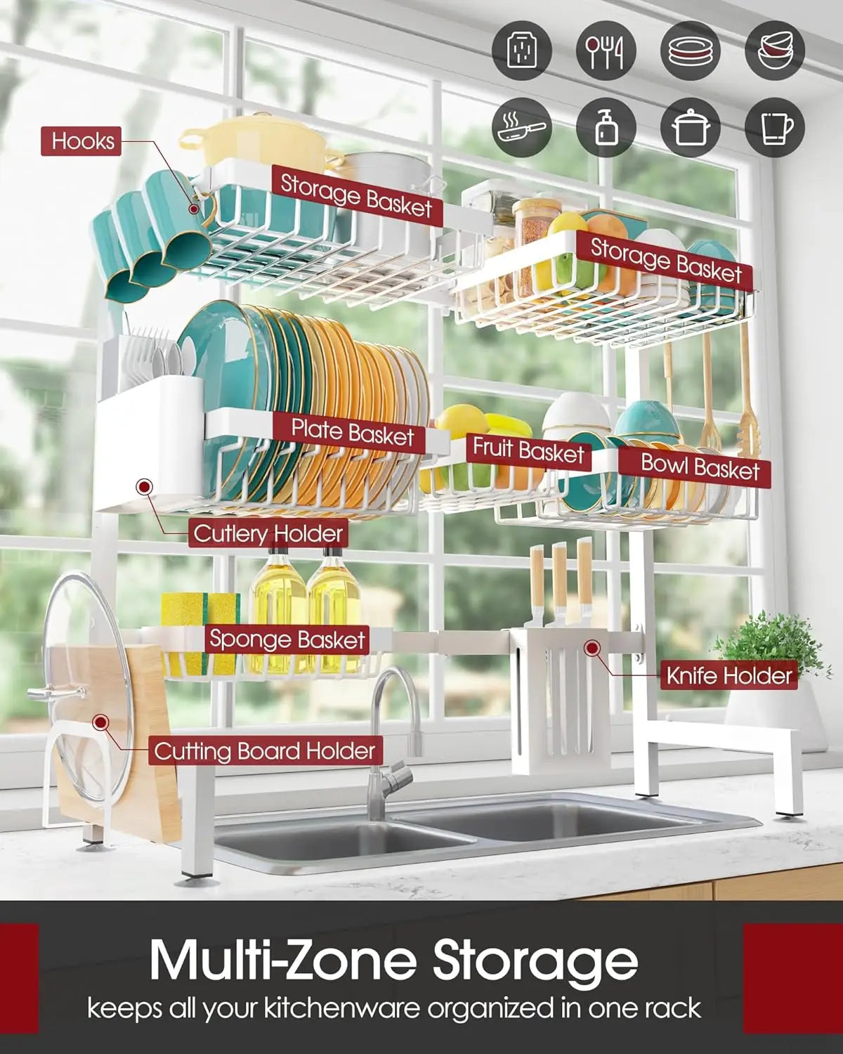 Over-Sink Dish Rack 3-Tier Stainless Steel With Utensil Holders