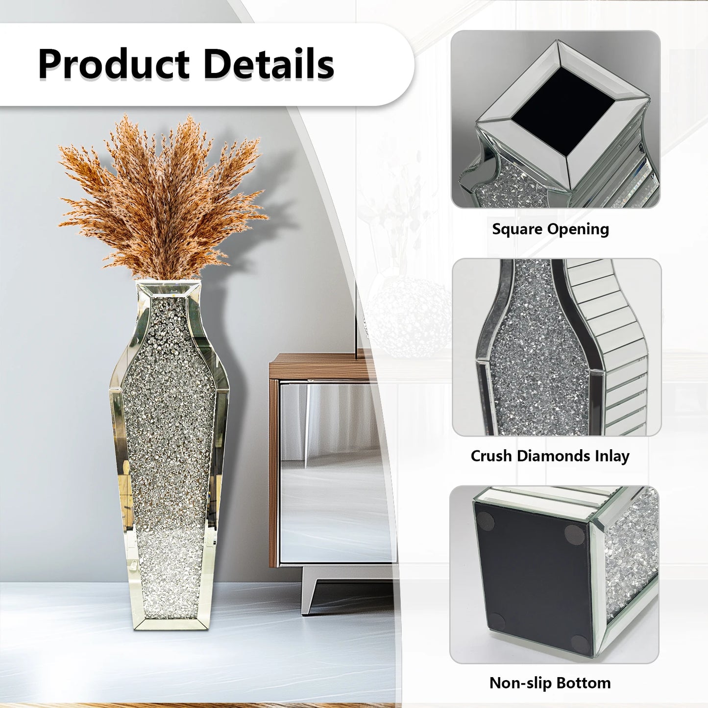 Crystal Crushed Diamond Glass Floor Vase With Inlay