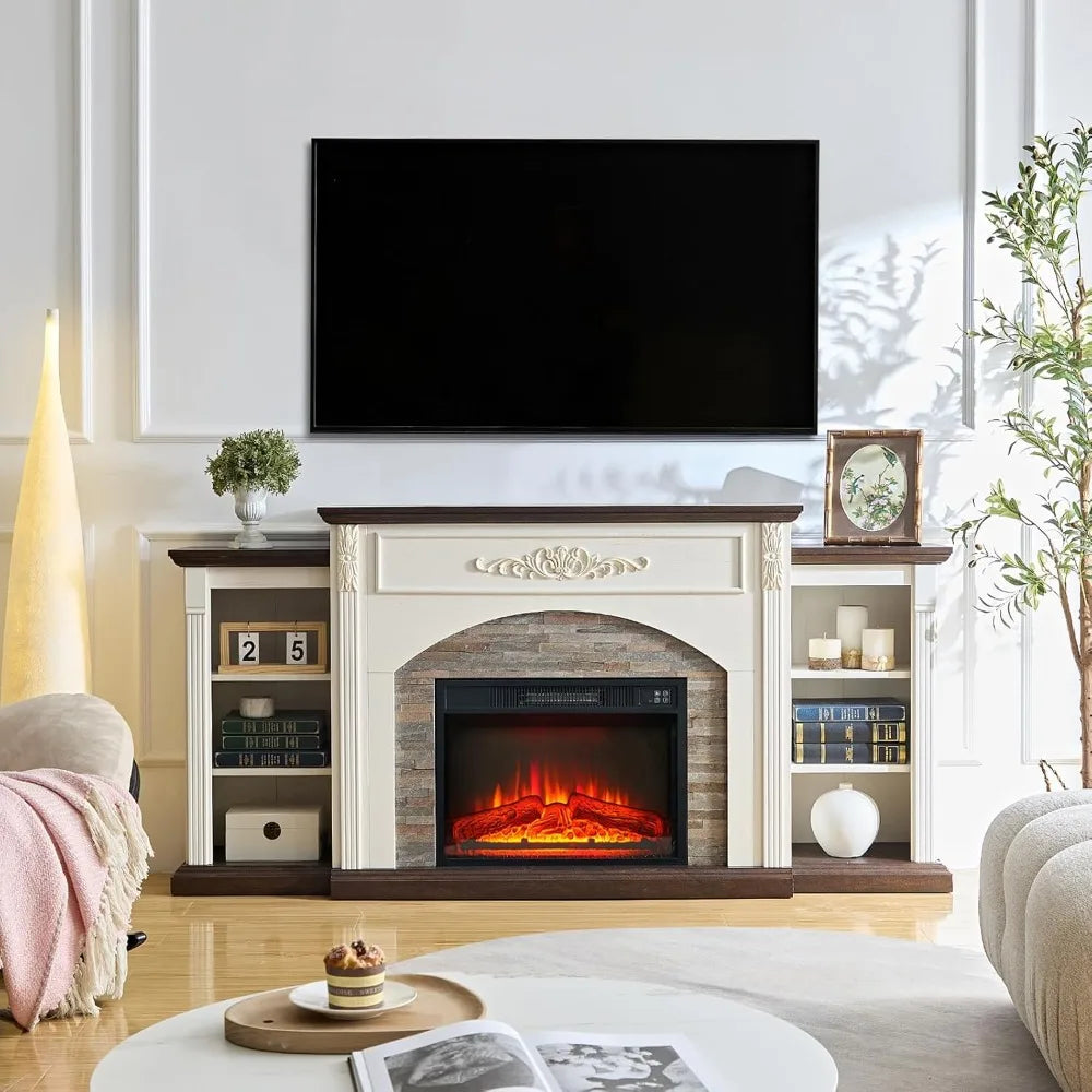 Farmhouse Electric Fireplace Mantel TV Stand With Storage