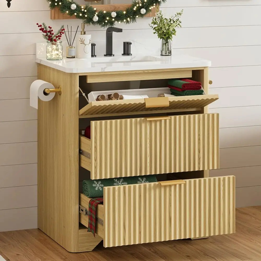 Bathroom Vanity With Ceramic Sink Freestanding Wood Grain Cabinet