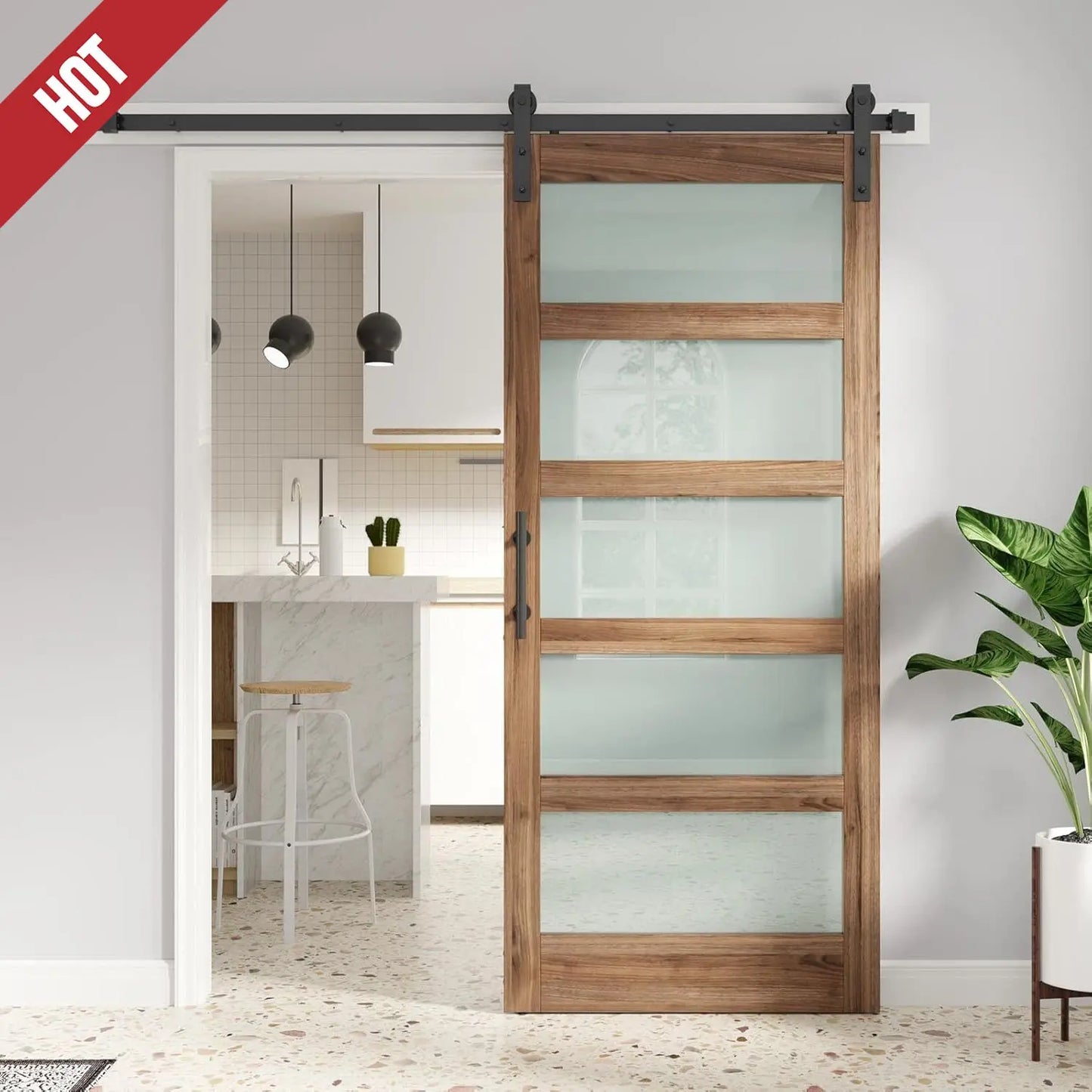 XMSJ Glass Barn Door With Hardware Kit And Frosted Panels