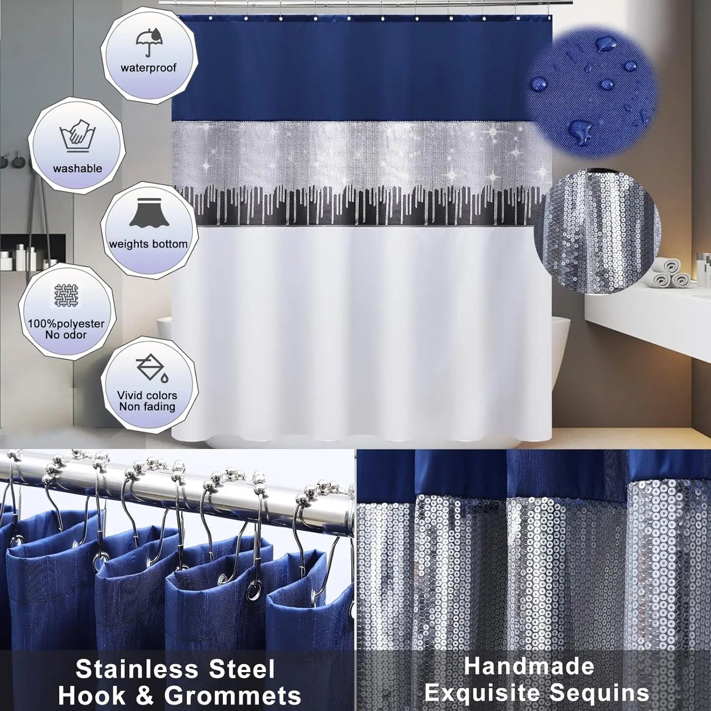 24 Piece Bathroom Set With Glitter Shower Curtain And Rugs