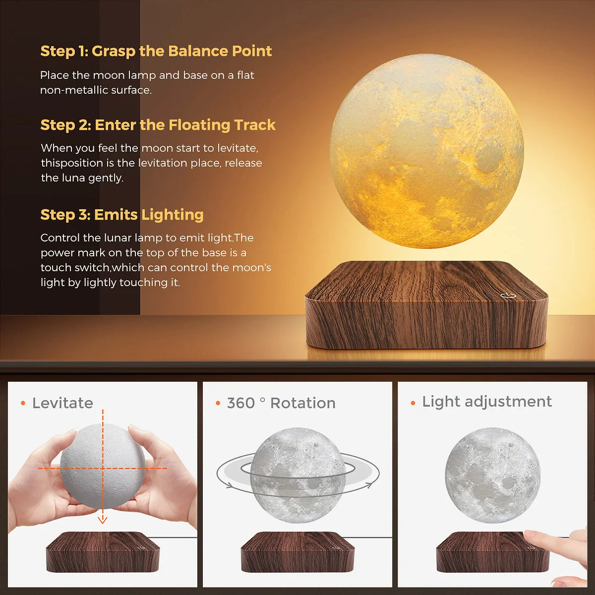 Mexllex Magnetic Floating Moon Lamp Wooden Base Three-Temperature LED