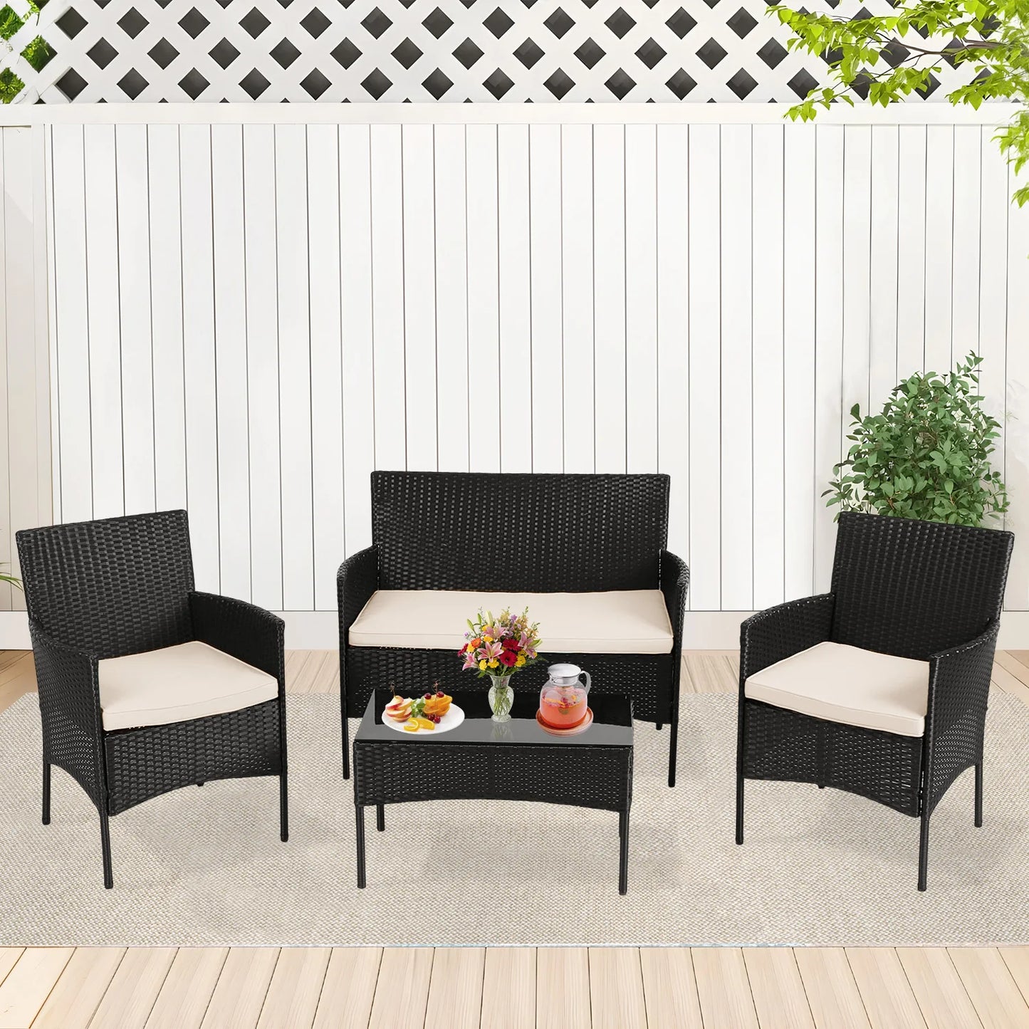 DOPINMIN 4 Piece Outdoor Patio Furniture Set Wicker Sofa Table