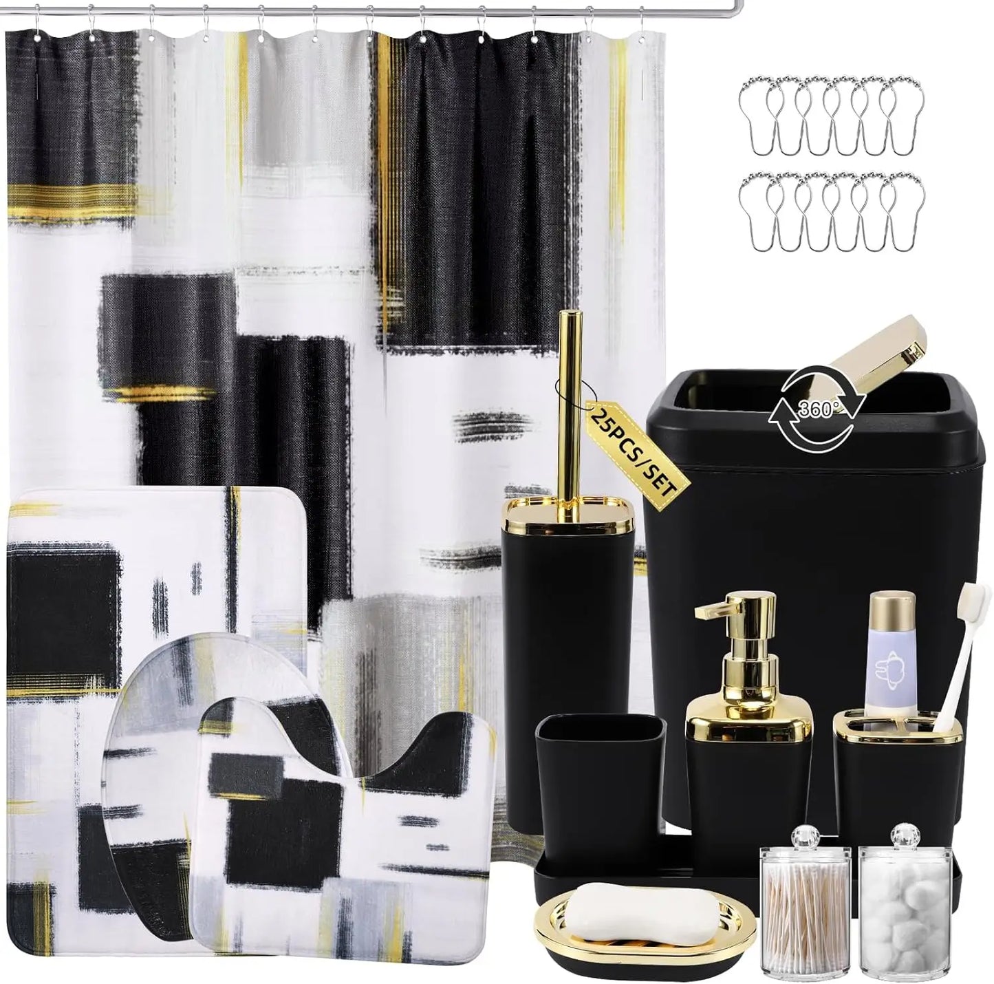 Bathroom Accessories Set With Shower Curtain Trash Can Soap Dispenser