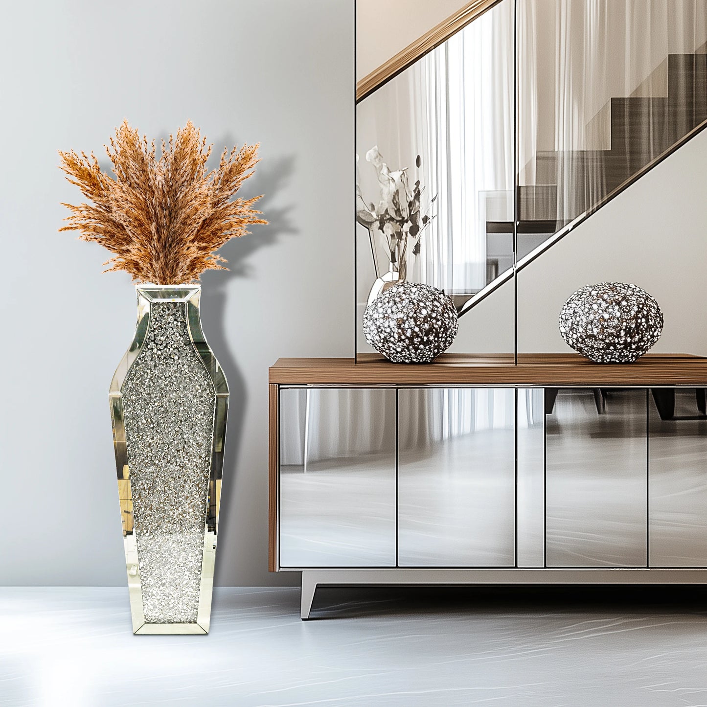 Crystal Crushed Diamond Glass Floor Vase With Inlay