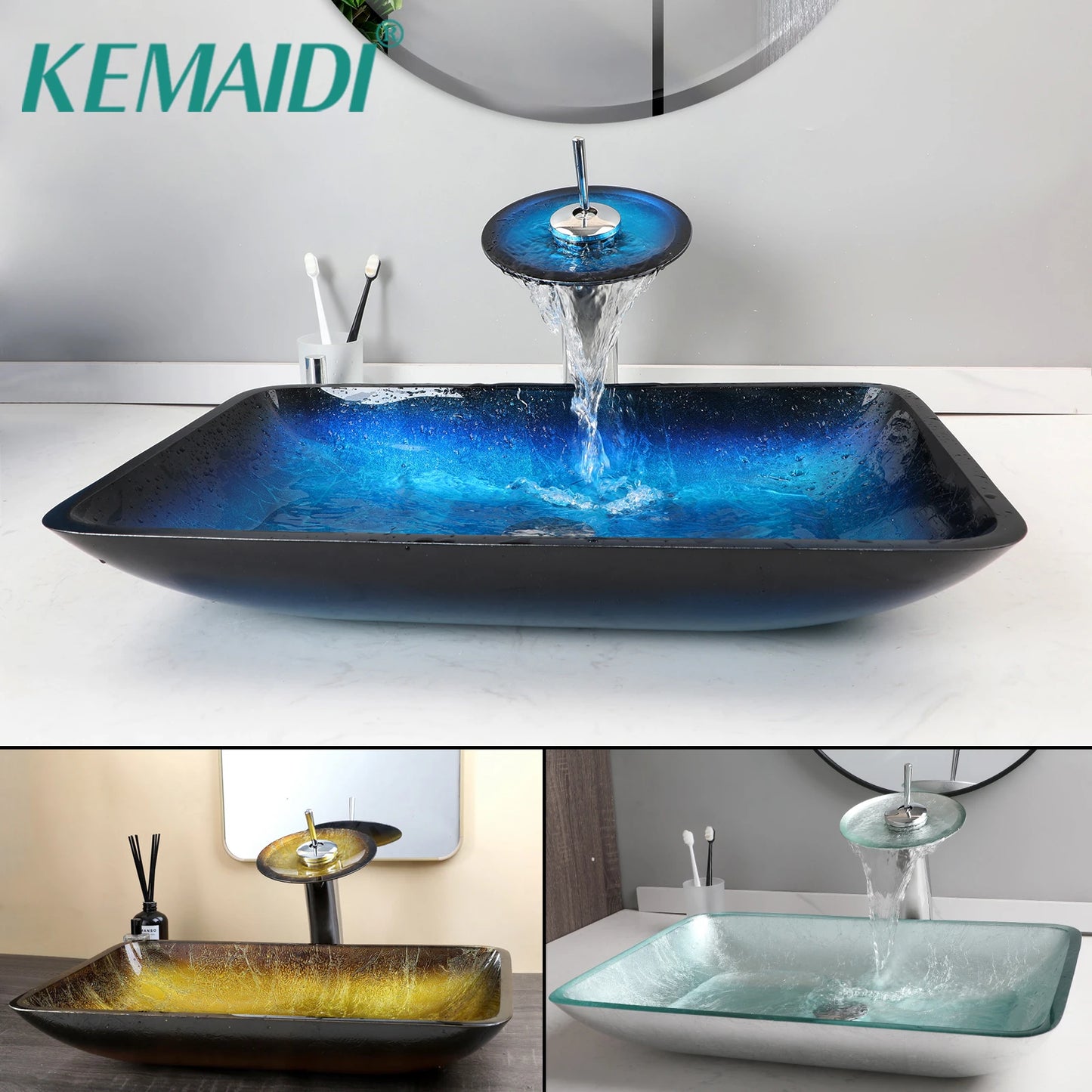 YANKSMART Tempered Glass Bathroom Basin Sink With Faucet Set