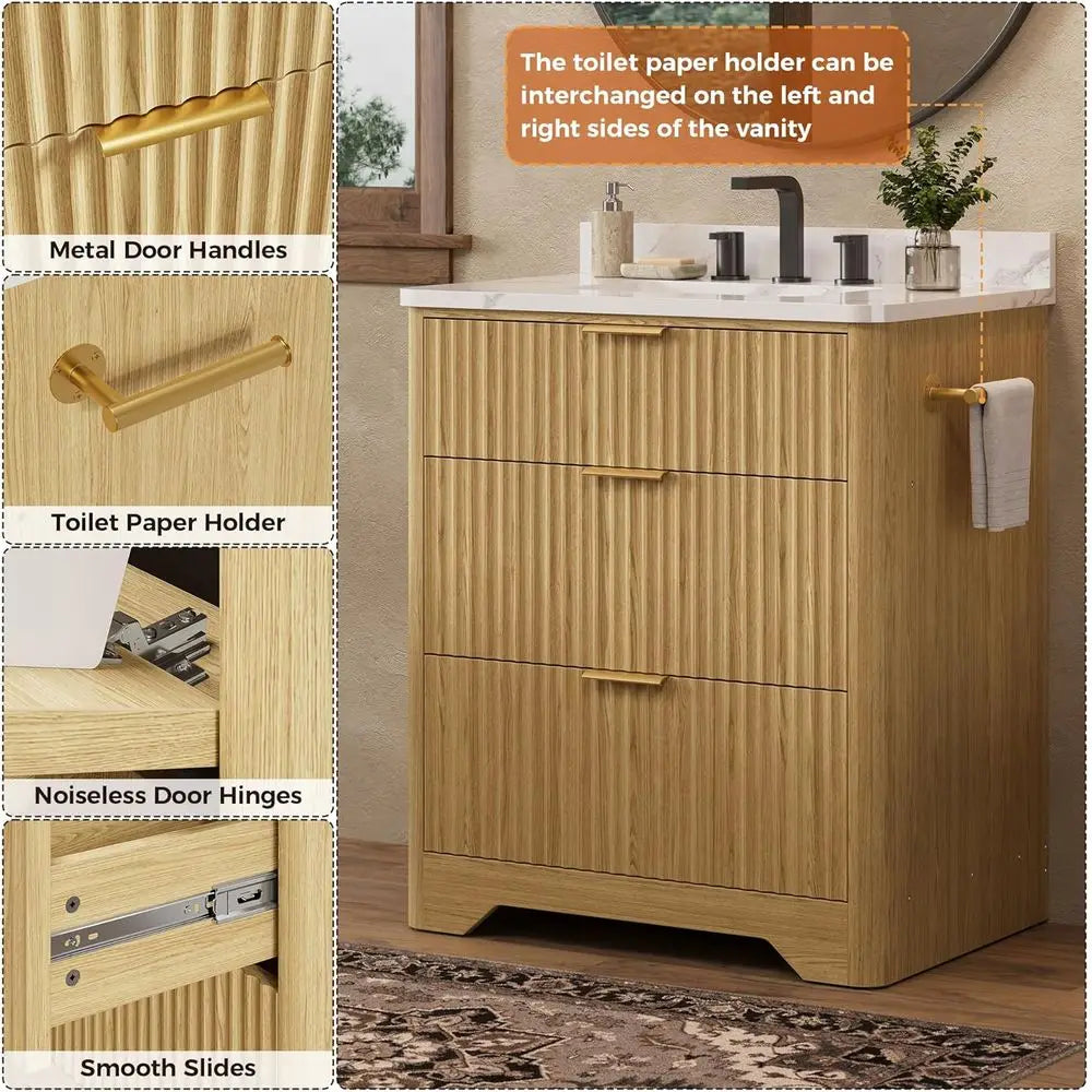 Bathroom Vanity With Ceramic Sink Freestanding Wood Grain Cabinet