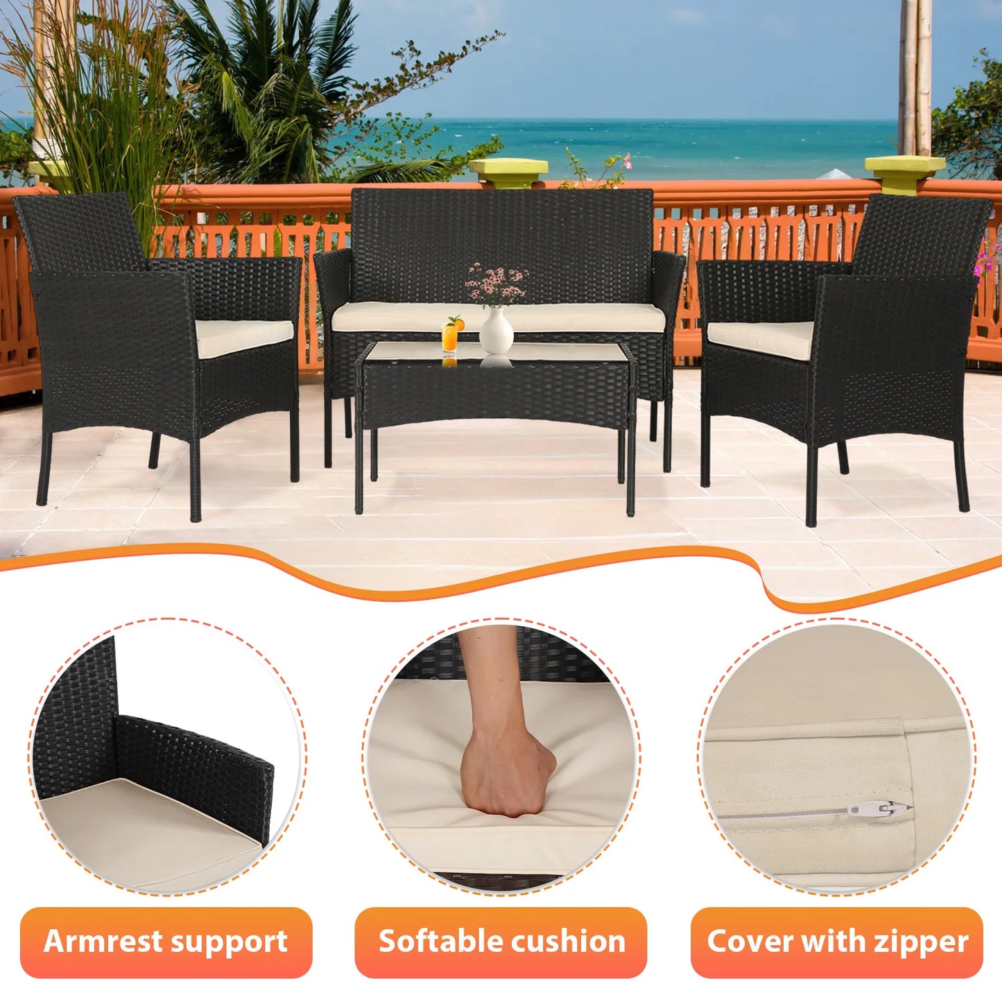 DOPINMIN 4 Piece Outdoor Patio Furniture Set Wicker Sofa Table