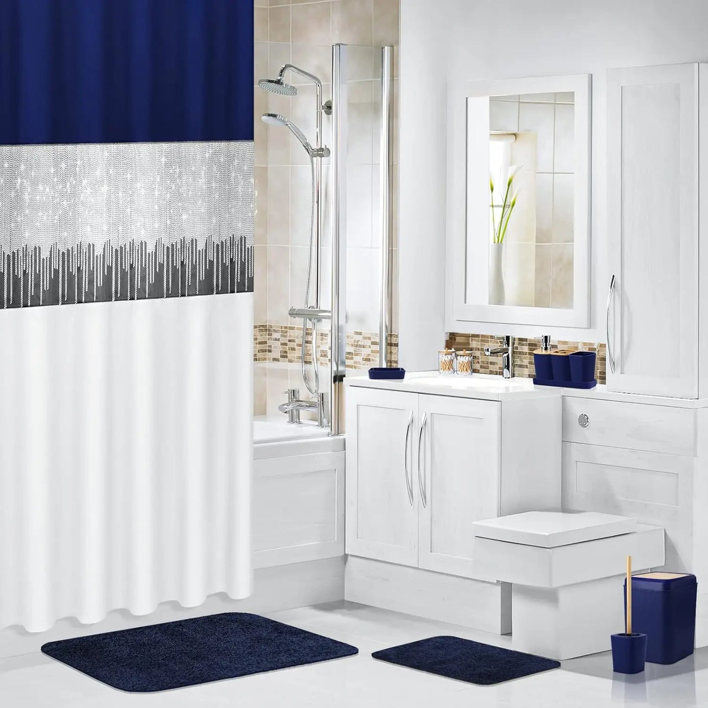 24 Piece Bathroom Set With Glitter Shower Curtain And Rugs