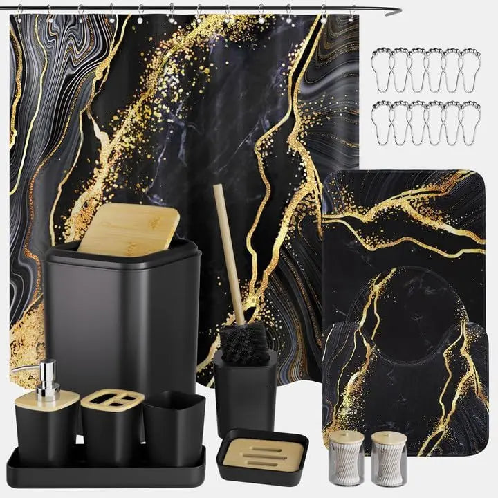 Waterproof Shower Curtain Set With Non Slip Bath Rugs