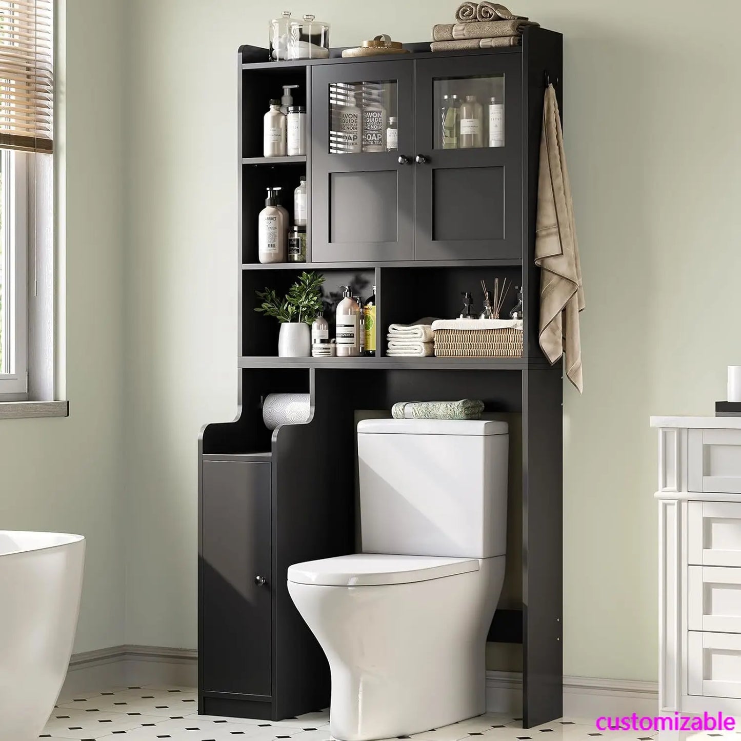 XMSJ Over Toilet Storage Cabinet With Glass Doors And Holder
