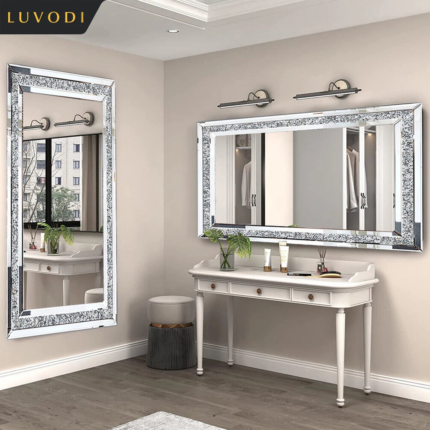 LUVODI Sparkly Crystal Rhinestone Frameless Wall Mirror Vanity