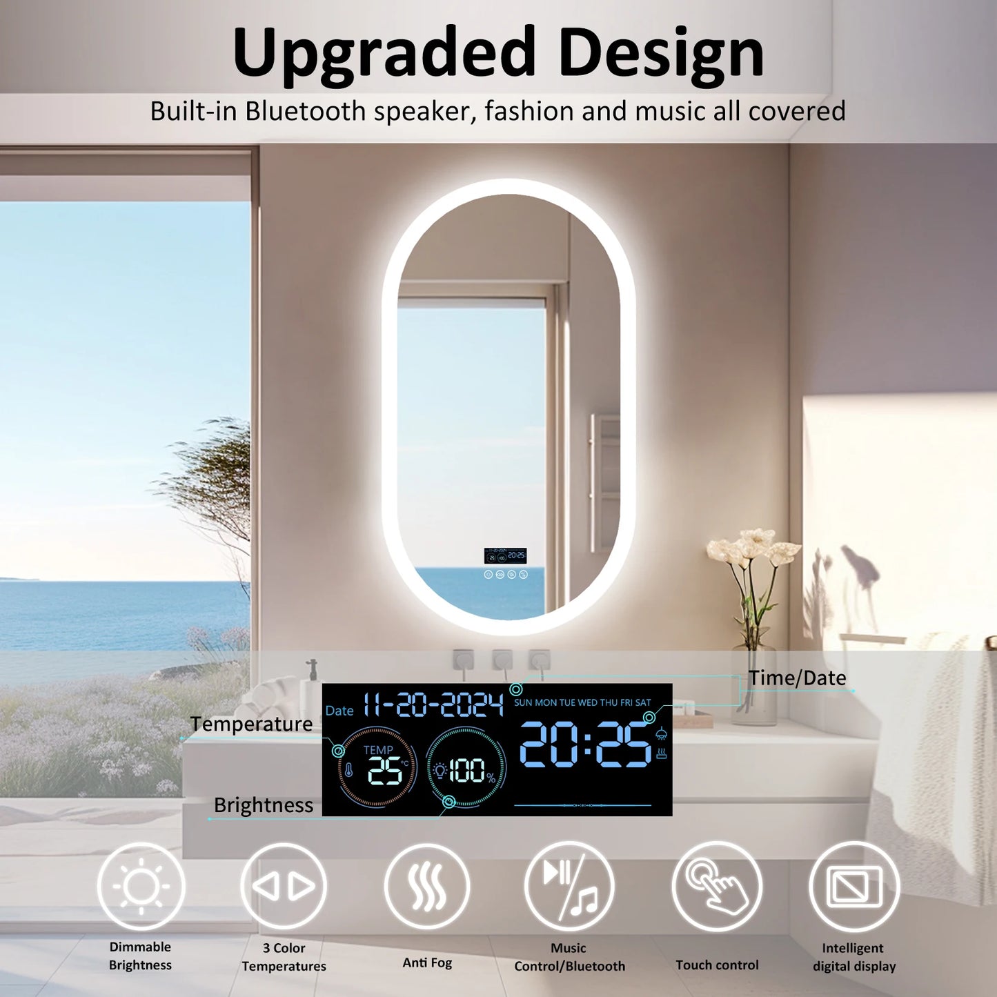 LUVODI Bluetooth Lighted Bathroom Mirror With Time Date Display Anti-Fog