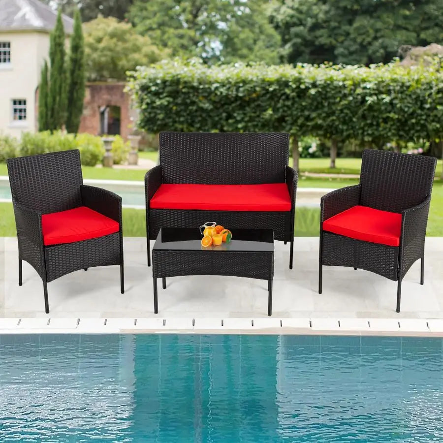 Modular Patio Conversation Set Rattan Chairs With Glass Table Cushions