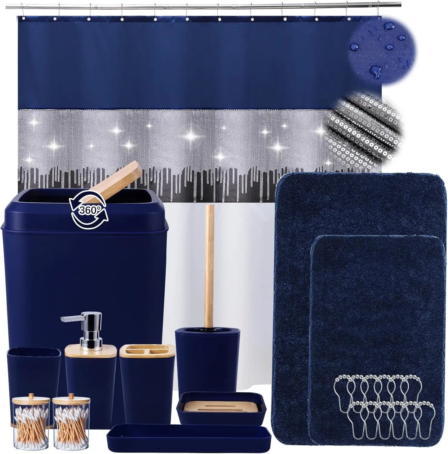 24 Piece Bathroom Set With Glitter Shower Curtain And Rugs