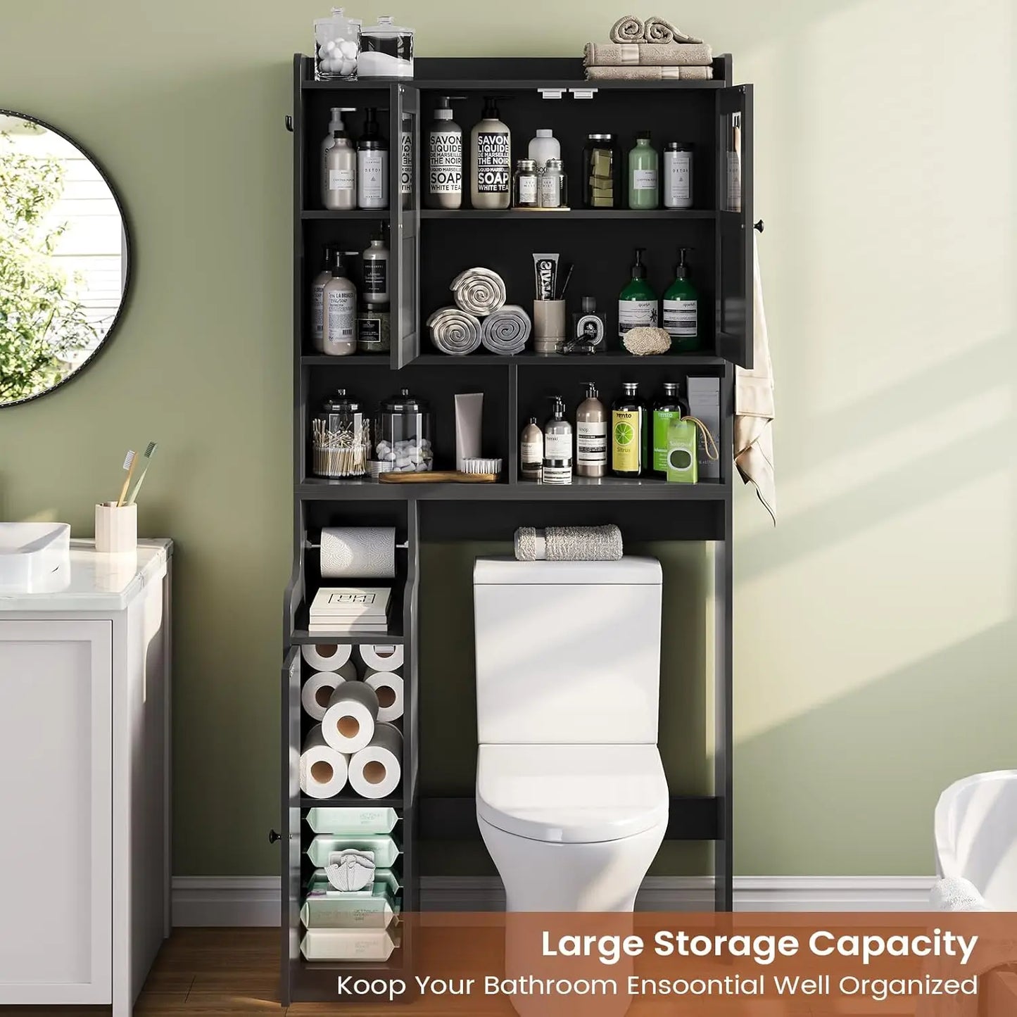 XMSJ Over Toilet Storage Cabinet With Glass Doors And Holder