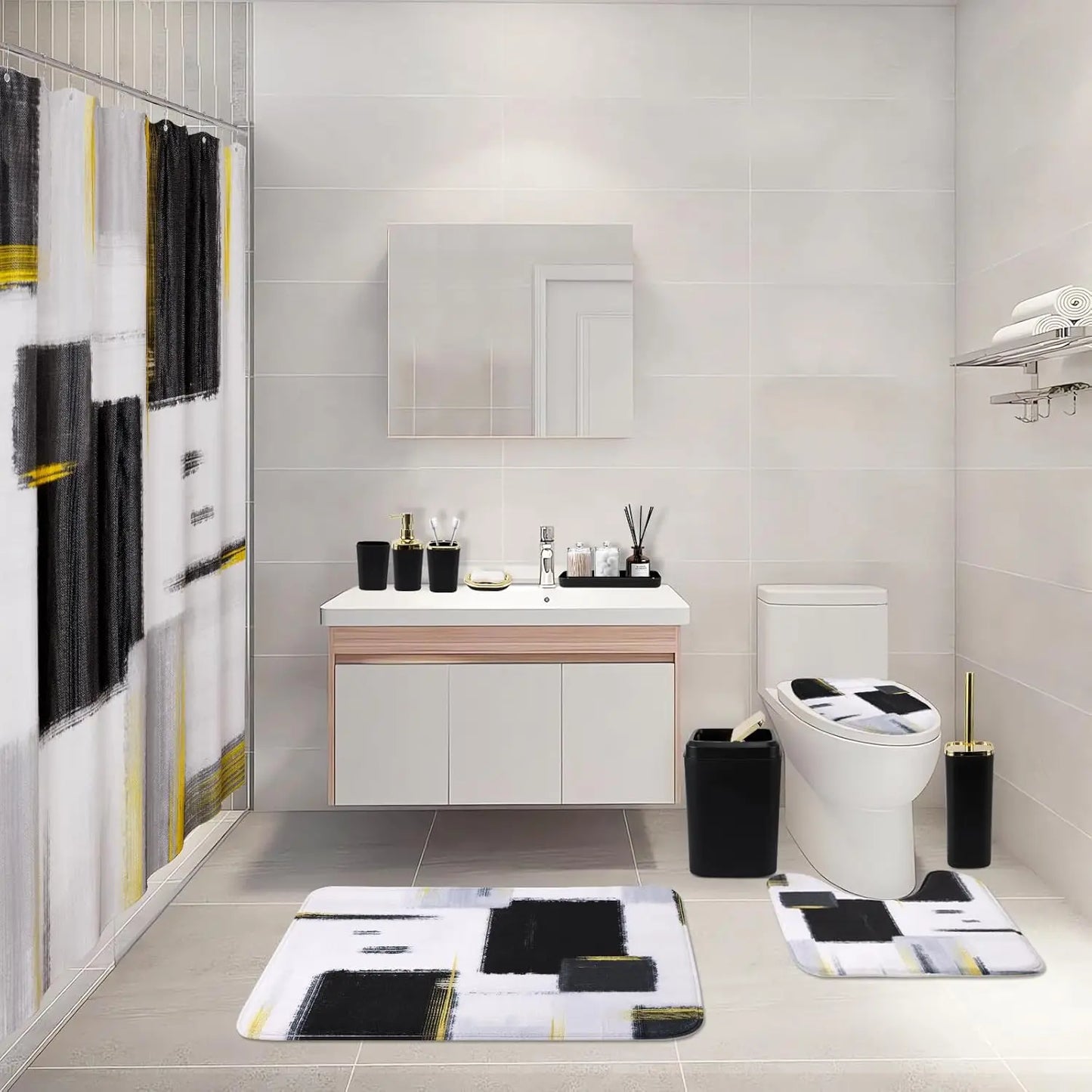 Bathroom Accessories Set With Shower Curtain Trash Can Soap Dispenser