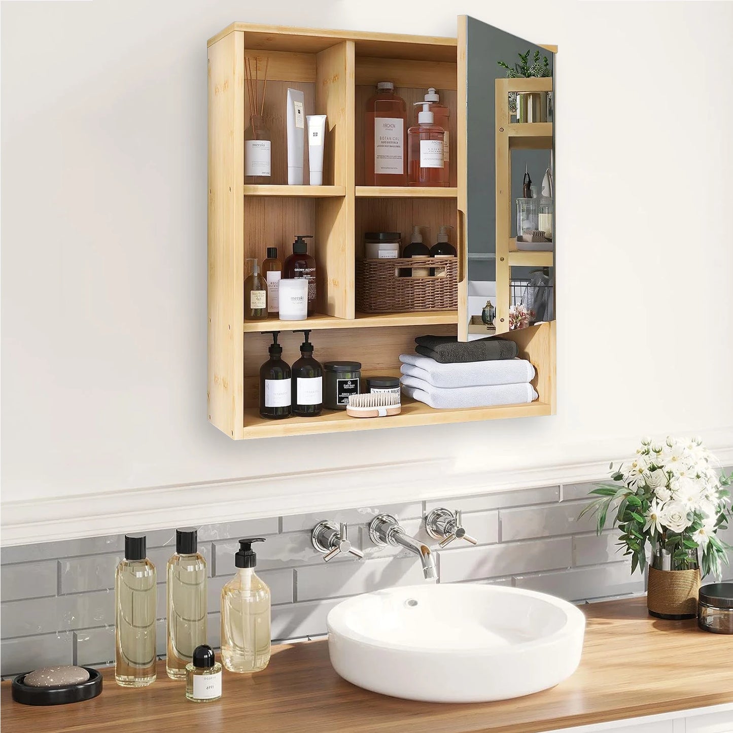 Wisfor Wall Mounted Bamboo Medicine Cabinet With Mirror