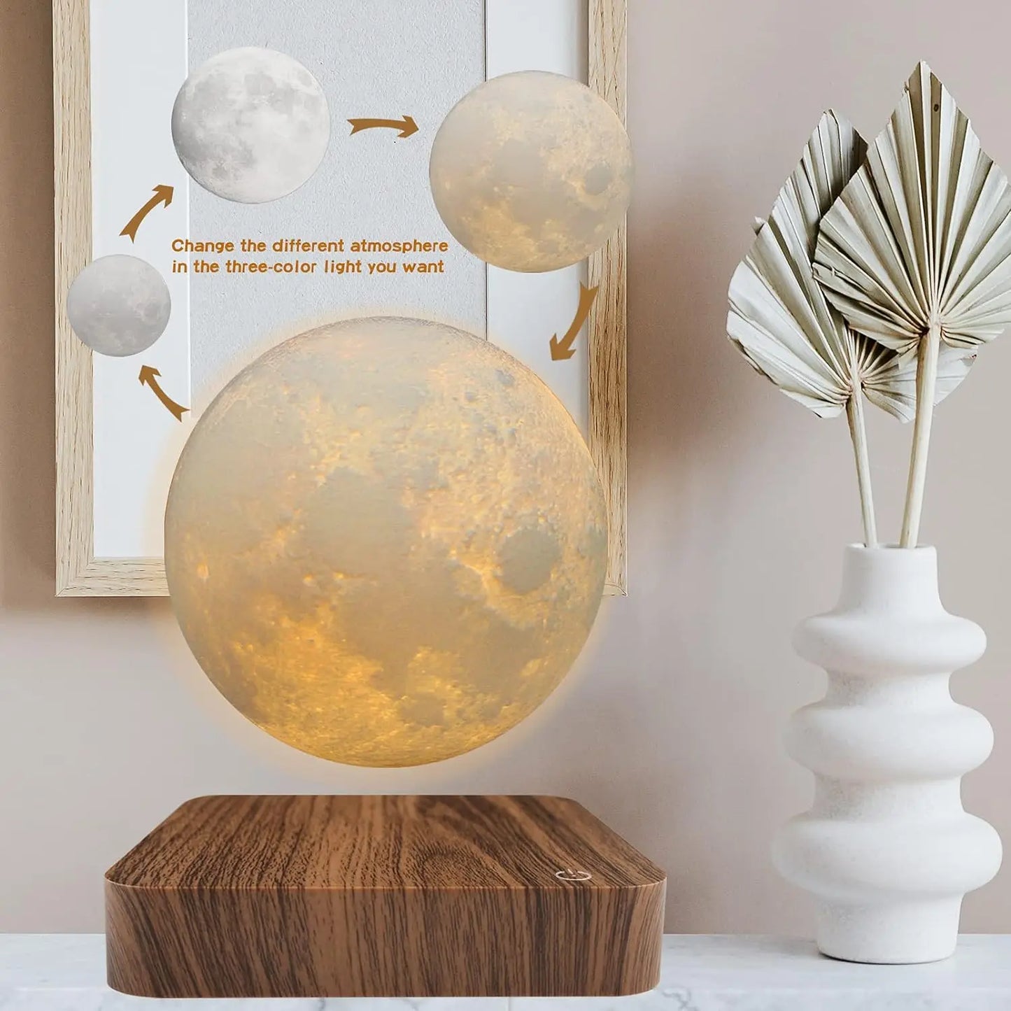 Mexllex Magnetic Floating Moon Lamp Wooden Base Three-Temperature LED