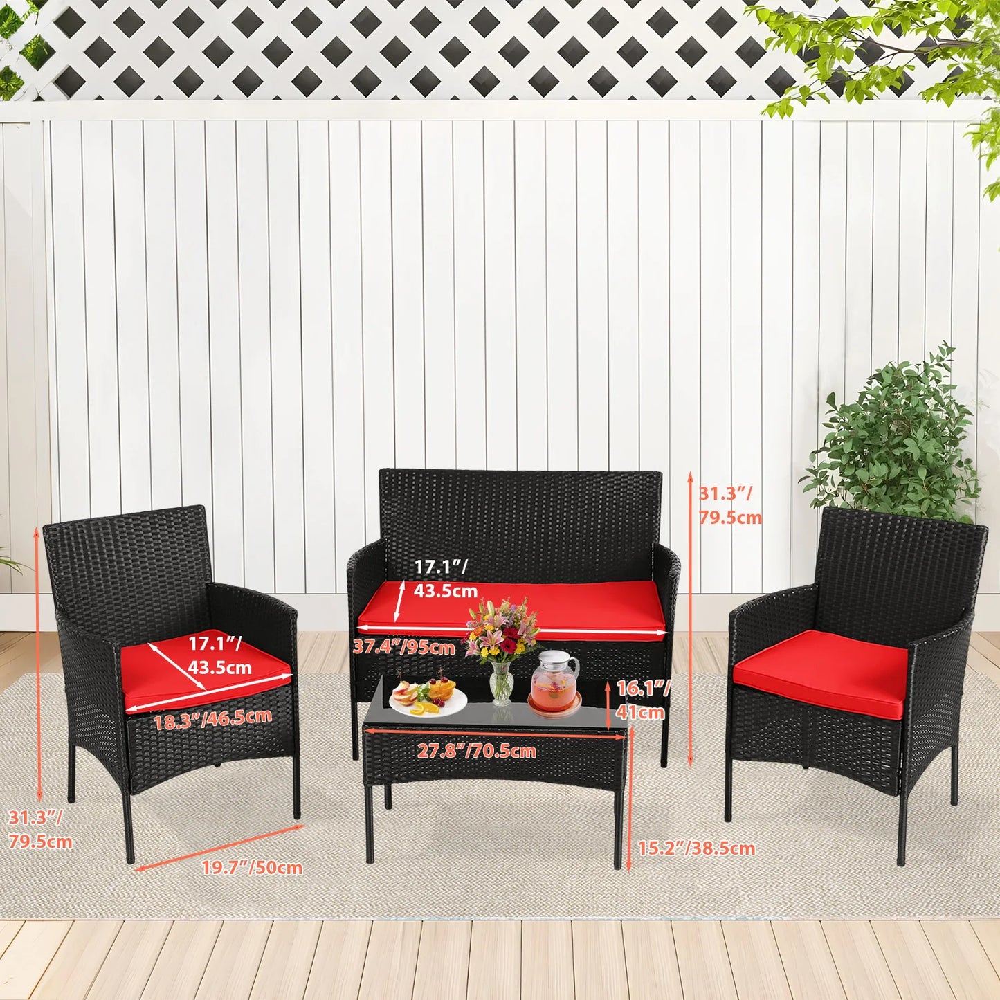 DOPINMIN 4 Piece Outdoor Patio Furniture Set Wicker Sofa Table