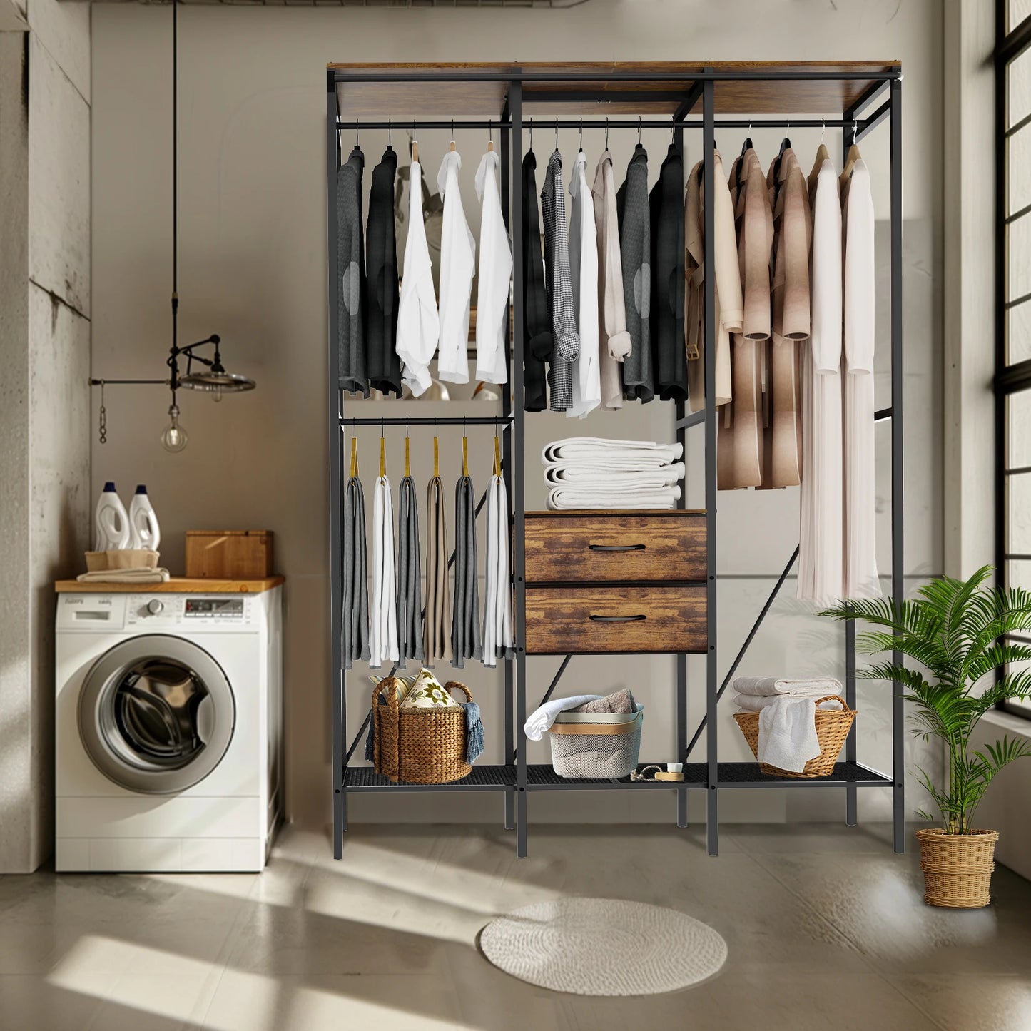 Industrial Coat Rack With Open Wardrobe Two Drawers And Shelves