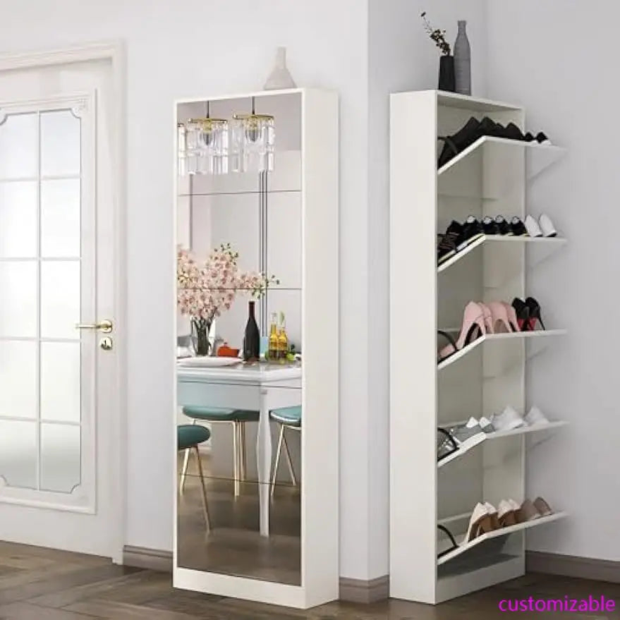 Entryway Mirrored Five Drawer Freestanding Shoe Cabinet With Full Mirror