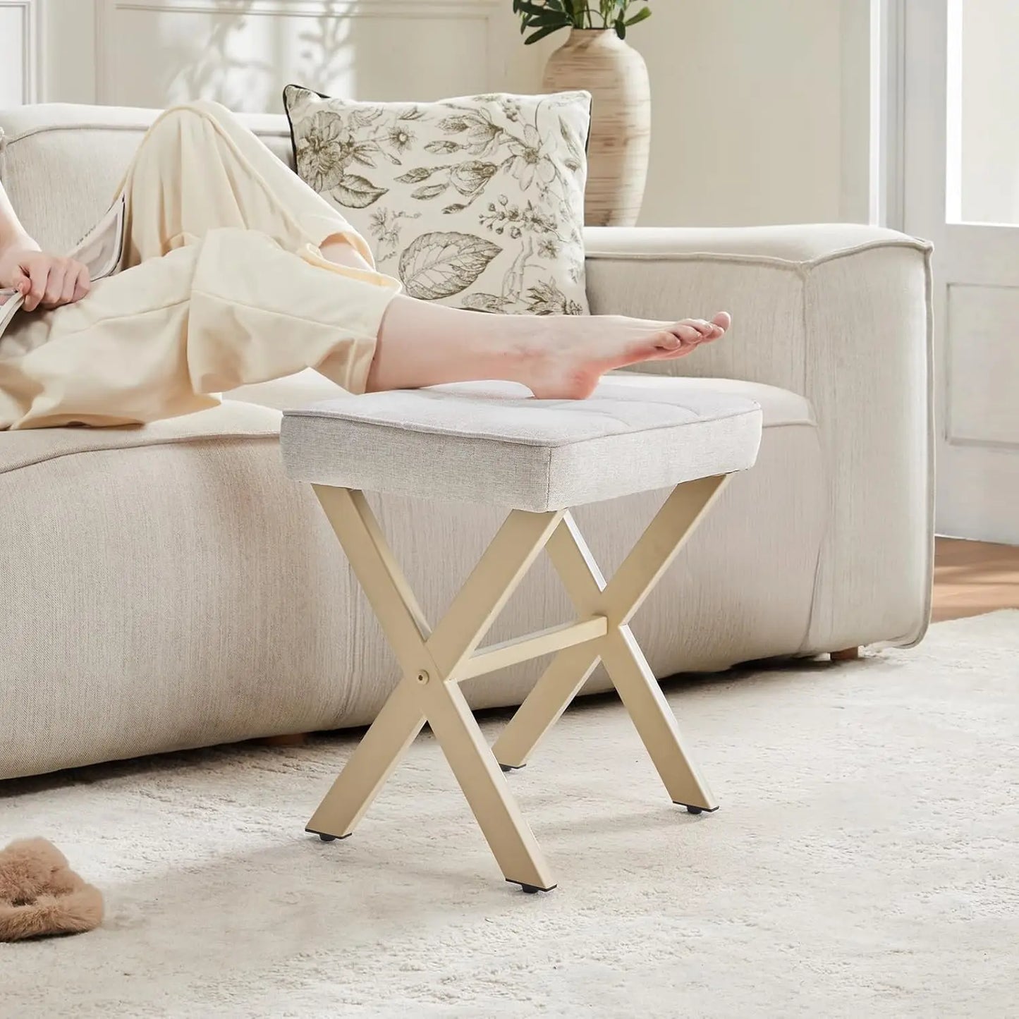 XMSJ Vanity Stool Ottoman Linen Padded Seat Metal X Legs