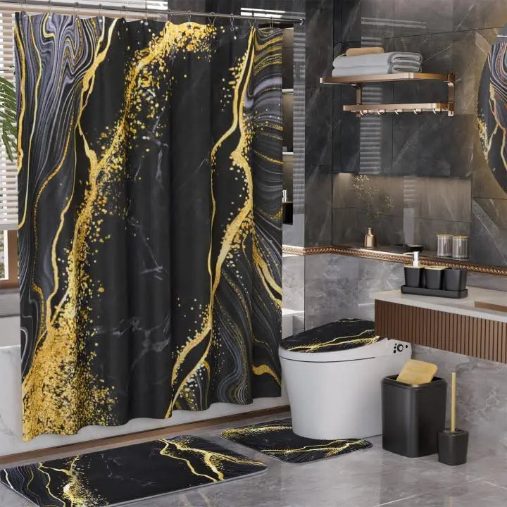 Waterproof Shower Curtain Set With Non Slip Bath Rugs
